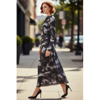 Kadın Batik Desenli Dik Yaka Skater Midi Elbise Şık Ve Modern Uzun Kollu Örme Kumaş Tasarım