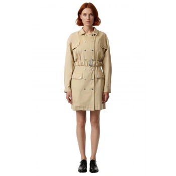 Kadın Bej %100 Pamuk Gabardin Dokuma Kemer Detaylı Uzun Kollu Ceket Yaka Düğmeli Mini Elbise Günlük