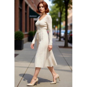 Kadın Bej Akrilik Triko Kemerli V Yaka Midi Boy A Line Elbise Uzun Kollu Rahat Şık Günlük Stile