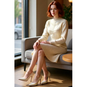 Kadın Bej Düz Desen A Kesim Dik Yaka Uzun Balon Kol Akrilik Triko Mini Elbise Kış Şıklığı.