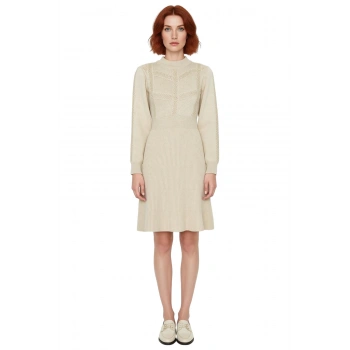 Kadın Bej Düz Desen A Kesim Dik Yaka Uzun Balon Kol Akrilik Triko Mini Elbise Kış Şıklığı.