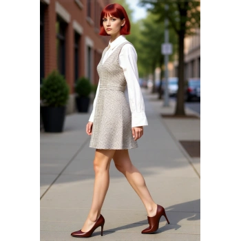 Kadın Bej Ekose Kareli Jile Mini Dokuma Elbise %100 Pamuklu V Yaka Rahat Kombinler İçin Şık