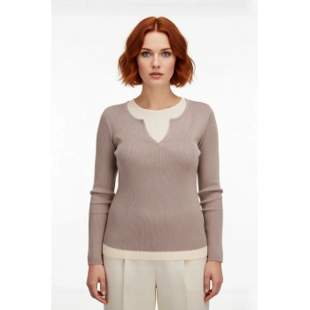 Kadın Bej Fitted Fitilli Triko Kazak İnce Yapılı Çift Katman Görünümlü İlkbahar Sonbahar İçin İdeal