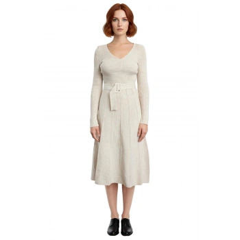 Kadın Bej Triko Kemerli V Yaka Midi Elbise Uzun Kollu A Line Siluet Günlük Şıklık İçin İdeal Model