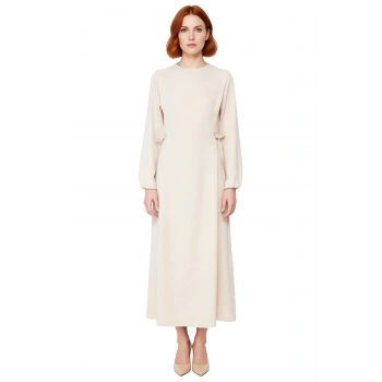 Kadın Beli İp Bağlama Detaylı Uzun Balon Kol Aerobin Dokuma Maxi Shift Elbise İlkbahar Sonbahar