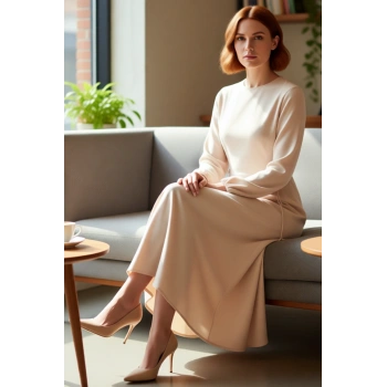 Kadın Beli İp Bağlama Detaylı Uzun Balon Kol Aerobin Dokuma Maxi Shift Elbise İlkbahar Sonbahar