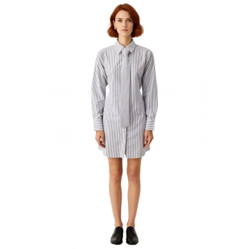 Kadın Beyaz Gri Çizgili Gömlek Yaka Mini Dokuma Elbise Casual Günlük Kullanım İçin Fashion Forward