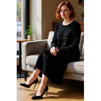 Kadın Bisiklet Yaka Çizgili Desenli Uzun A Kesim Triko Elbise Günlük Ve Özel Anlar İçin Konforlu