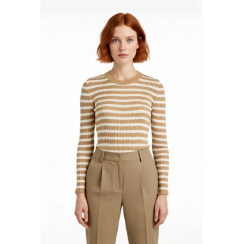 Kadın Bisiklet Yaka Çizgili Fitted Akrilik Triko Uzun Kol Basic Günlük Kazak Stili Kaliteli