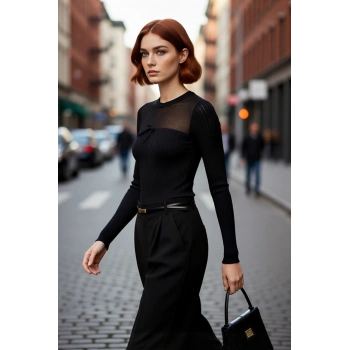 Kadın Bisiklet Yaka Fitted Kesim Transparan Ajurlu Detaylı Modern Triko Kazak Kaliteli Şık