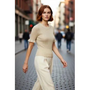 Kadın Bisiklet Yaka İnce Triko Crop Bluz Simli Detaylı Kısa Kollu Günlük Şık Giyim Kaliteli