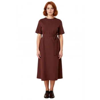 Kadın Bisiklet Yaka Kısa Kol Düz Desen A Kesim Midi Boy Dokuma Polyester Elbise İlkbahar Yaz