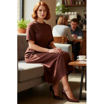 Kadın Bisiklet Yaka Kısa Kol Düz Desen A Kesim Midi Boy Dokuma Polyester Elbise İlkbahar Yaz