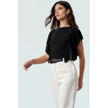 Kadın Bisiklet Yaka Kısa Kollu Örme Bluz Crop Kaliteli İşçilik Modern Stil Özenle Seçilmiş