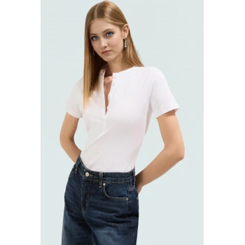Kadın Bisiklet Yaka Kısa Kollu Pamuklu Bluz Rahat Yazlık Özel Tasarım Zarifane