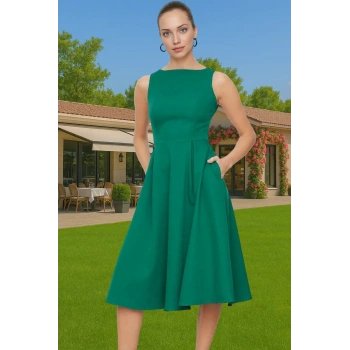 Kadın Bisiklet Yaka Kolsuz Midi Elastan Elbise Uzun Ömürlü Profesyonel Görünüm Zarifane Tasarım