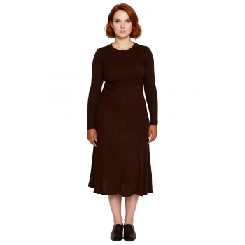 Kadın Bisiklet Yaka Midi Boy Uzun Kol Düz Desenli A line Kesim Fitilli Triko Elbise Rahatlığı