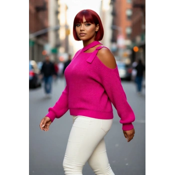 Kadın Bisiklet Yaka Modern Cut Out Detaylı Akrilik Triko Kazak Kışlık Kombinlerin Vazgeçilmezi