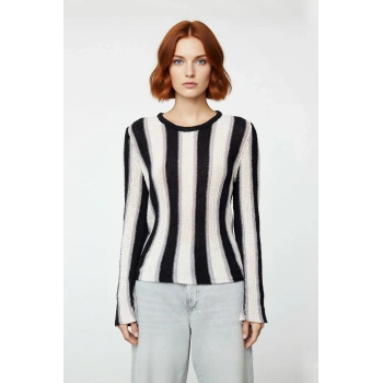 Kadın Bisiklet Yaka Renk Bloklu İnce Triko Uzun Kollu Pamuk Polyester Karışımlı Günlük Kazak