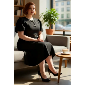 Kadın Bisiklet Yaka Skater Kalıp Midi Boy Elbise Ön Detay Fiyonkları İle Şıklığını Tamamlar