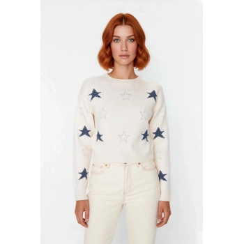 Kadın Bisiklet Yaka Yılbaşı Desenli Crop Triko Kazak Uzun Kollu Kışlık Rahat Kalıp Günlük Şıklık