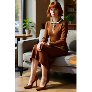 Kadın Biyeli Polo Yaka Triko Elbise Shift Kalıp Uzun Kollu Maxi Boy Kışlık Rahat Ve Modern Bir Stil