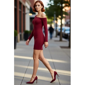 Kadın Bodycon Asimetrik Yaka Uzun Kollu Fitilli Örme Mini Elbise Gündüz Gece Davet Stili Kaliteli