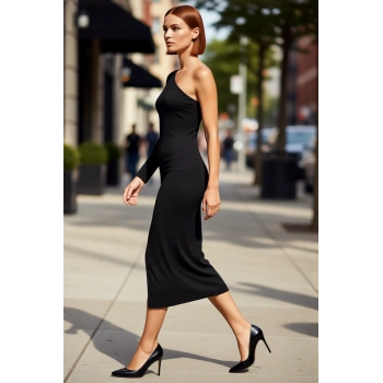 Kadın Bodycon Asimetrik Yaka Uzun Tek Kollu Midi Örme Abiye Elbise Şık Kokteyl Mezuniyet Davetleri