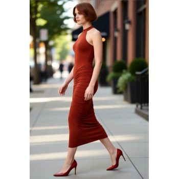 Kadın Bodycon Boyundan Bağlamalı Midi Elbise Şık Düz Kesim Kolsuz Büzgülü Örme Tasarım Zarif