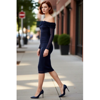 Kadın Bodycon Carmen Yaka Gül Detaylı Midi Tül Elbise Uzun Kollu Astarlı Gece ve Kokteyl Davetleri