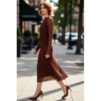 Kadın Bodycon Dantel Midi Elbise Kayık Yaka Uzun Kol Sırt Dekolteli Zarif Şık Tasarım Kaliteli