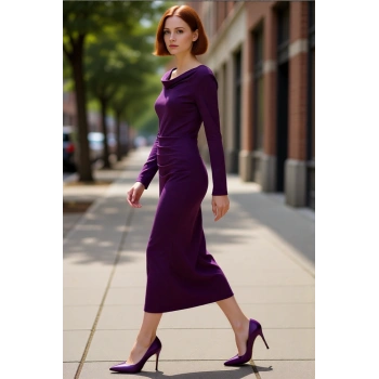 Kadın Bodycon Degaje Yaka Büzgülü Maxi Elbise Kalın Sandy Dokuma Uzun Kollu Şık Kış Stili Kaliteli