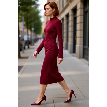 Kadın Bodycon Dik Yaka Düz Uzun Kollu Düğme Detaylı Midi Örme Elbise Şık Ve Konforlu Tasarım