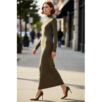 Kadın Bodycon Dik Yaka Maxi Düz Asimetrik Örme Elbise Karyoka Dikiş Detaylı Kalın Sandy Kışlık
