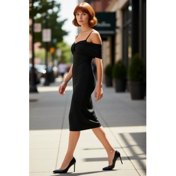 Kadın Bodycon Düz Carmen Yaka Midi Elbise Şık Askılı Örme Kumaş Kokteyl Partileri İçin İdeal