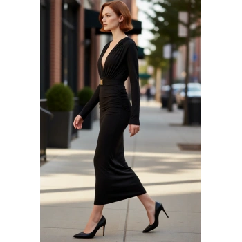 Kadın Bodycon Fashion Forward V Yaka Uzun Kollu Kemerli Midi Örme Şık Gece Davet Elbisesi Kaliteli