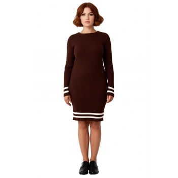 Kadın Bodycon Fitilli Triko Kazak Elbise Bisiklet Yaka Uzun Kol Çizgili Detaylar ile Şık Görünüm