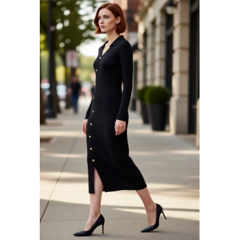Kadın Bodycon Fitilli Triko Midi Elbise Asimetrik Düğme Detaylı Uzun Kollu Şık ve Konforlu Akrilik
