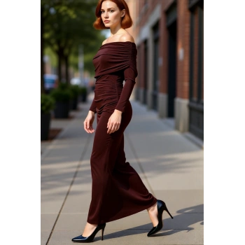 Kadın Bodycon Kahverengi Uzun Kol Carmen Yaka Maxi Elbise Şık Akşam Davetleri İçin İdeal Kaliteli