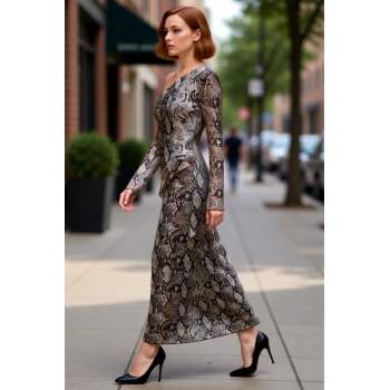 Kadın Bodycon Kalıp Düşük Uzun Kollu Asimetrik Yaka Animal Desen Astarlı Maxi Tül Elbise Fırfırlı