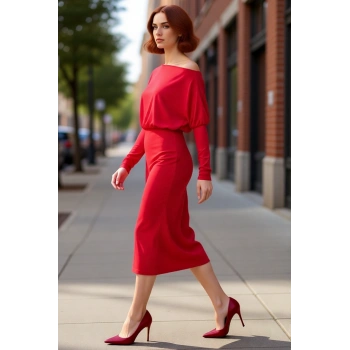 Kadın Bodycon Kalıp Düz Asimetrik Yaka Düşük Uzun Kol Yırtmaç Detaylı Şık Midi Örme Elbise Kış