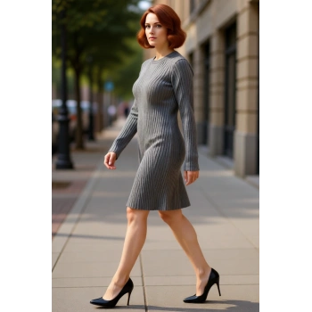 Kadın Bodycon Kalıp Düz Desen Uzun Kollu Gri Triko Mini Elbise Kış Mevsimi İçin Şık Bir Seçenek