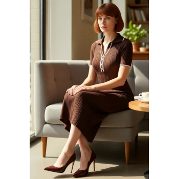 Kadın Bodycon Kalıp İnce Triko Midi Elbise Polo Yaka Renk Blok Detaylı Kısa Kollu Basic Kaliteli