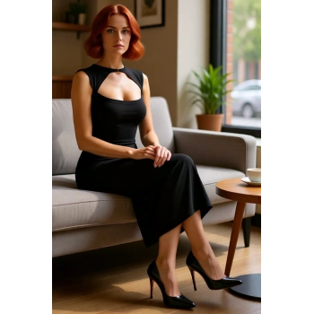 Kadın Bodycon Kalıp Kolsuz Maxi Elbise Cut Out Detaylı Zarif Sandy Dokulu Polyester Örme Kaliteli