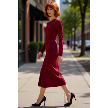 Kadın Bodycon Kalıp Midi Boy Asimetrik Yaka Düz Desen Uzun Kol Örme Elbise Şık ve Rahat Kışlık Seçim