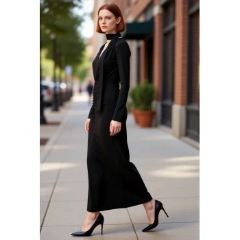 Kadın Bodycon Kalıp V Yaka Kuşak Detaylı Maxi Elbise Uzun Kollu Kış Şık Akşam Davetleri İçin