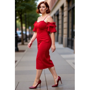 Kadın Bodycon Kalp Yaka Midi Abiye Elbise İnce Askılı Omuz Fırfırlı Özel Davetler İçin Şık Tasarım