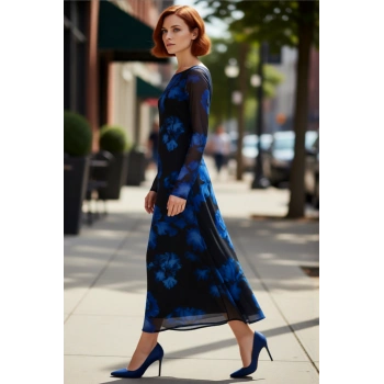 Kadın Bodycon Kayık Yaka Maxi Elbise Tül Detaylı Uzun Kollu Sırt Dekolteli Şık Çiçekli Tasarım