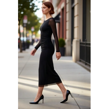 Kadın Bodycon Kesim Agraflı Uzun Kollu Tül Detaylı Örme Maxi Kokteyl Elbise Şık Davetler İçin