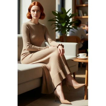 Kadın Bodycon Kesim Akrilik Ribana Triko Maxi Elbise İncili Detaylı Uzun Kol Şıklığı Kaliteli